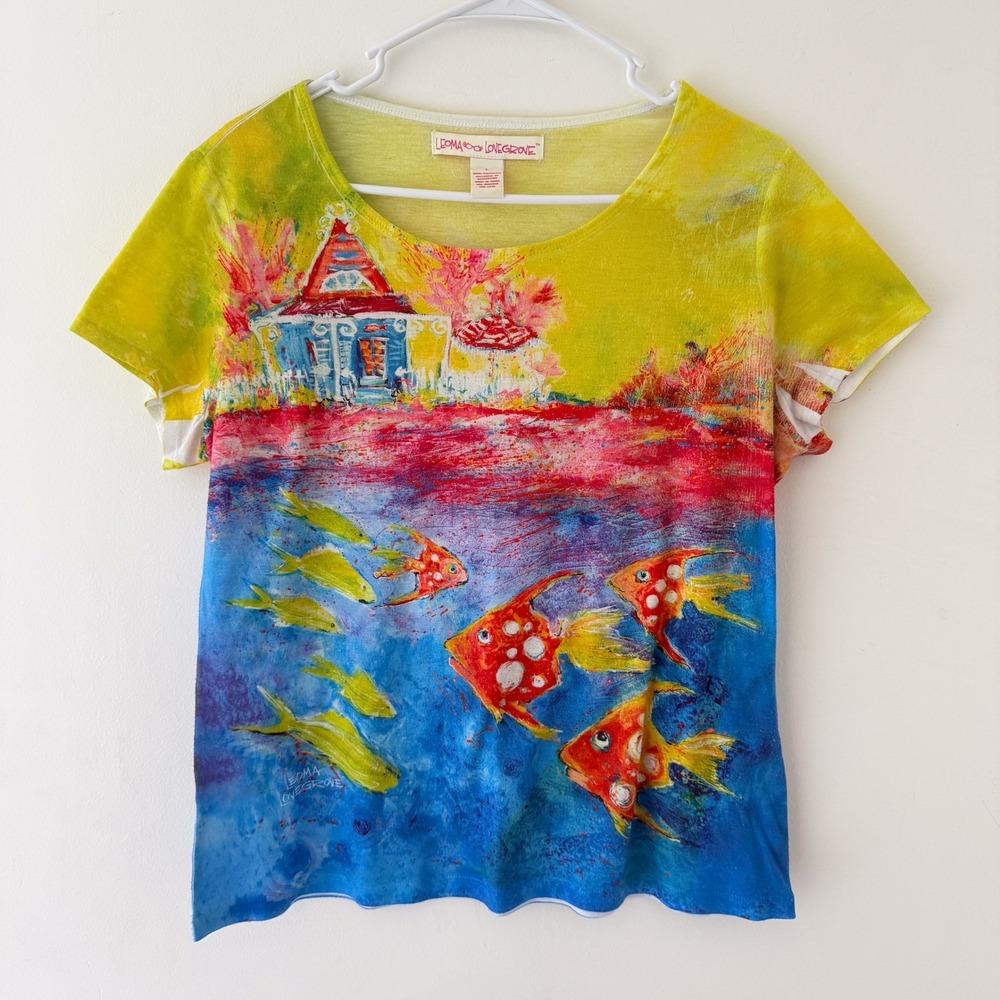 Leoma Lovegrove Tee Fish Art To Wear Womens L Colorful Tropical Coastal Boho